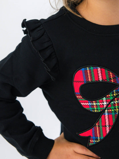 Girls Nicholas Plaid Bow Black Applique Flutter Sweatshirt