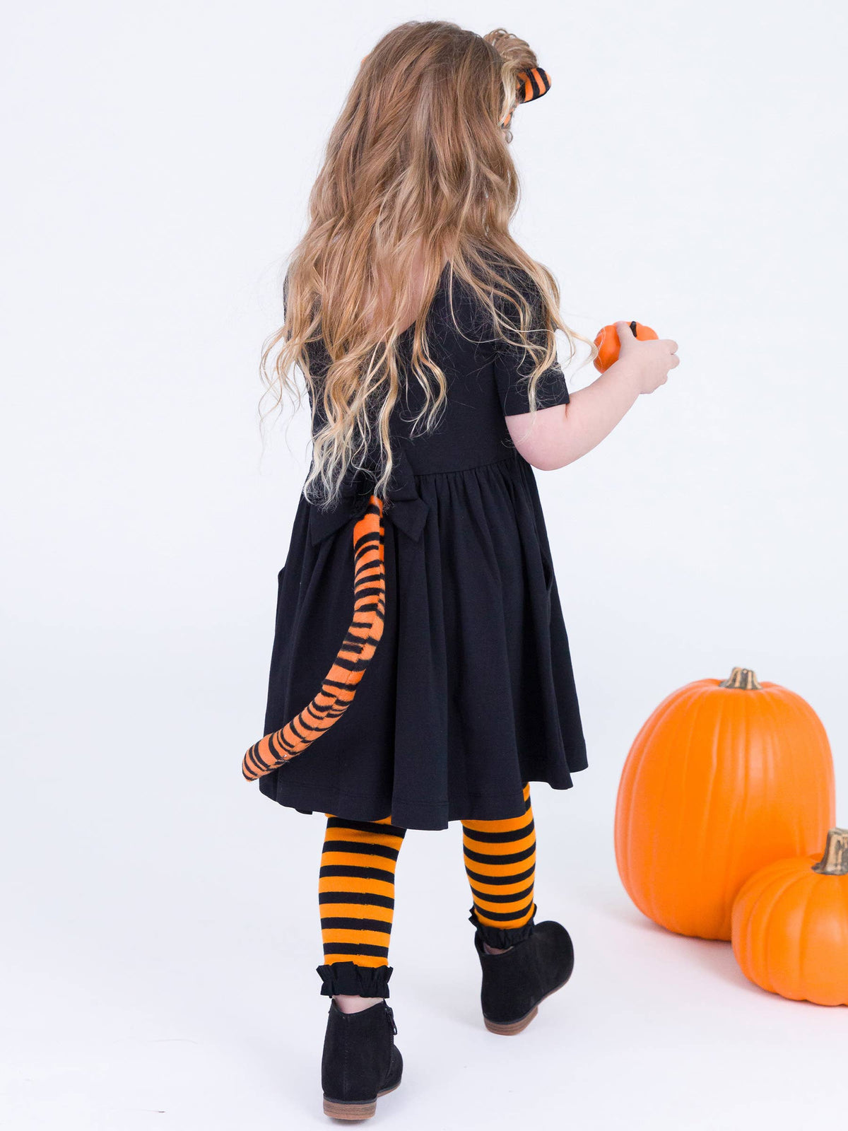 Girls Orange & Black Stripe Patterned Footless Ruffle Tights