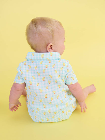 Baby Boys Chirping Chicks Gingham Cotton Gauze Button-Up Romper