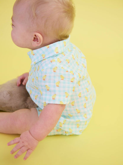 Baby Boys Chirping Chicks Gingham Cotton Gauze Button-Up Romper