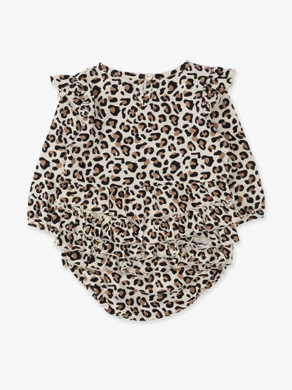Baby Girls Classic Leopard Knit Long Sleeve Flutter Bubble Romper