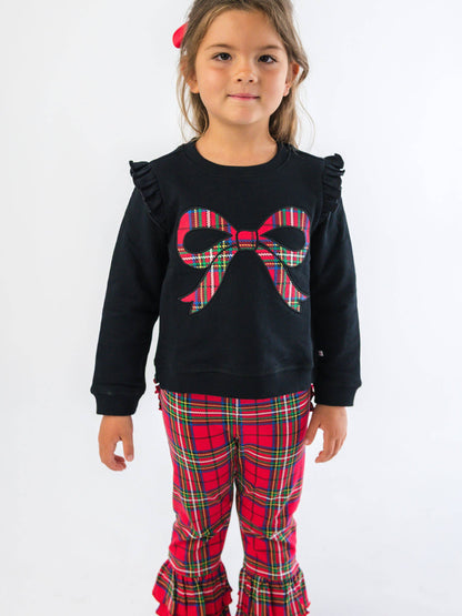 Girls Nicholas Plaid Bow Black Applique Flutter Sweatshirt