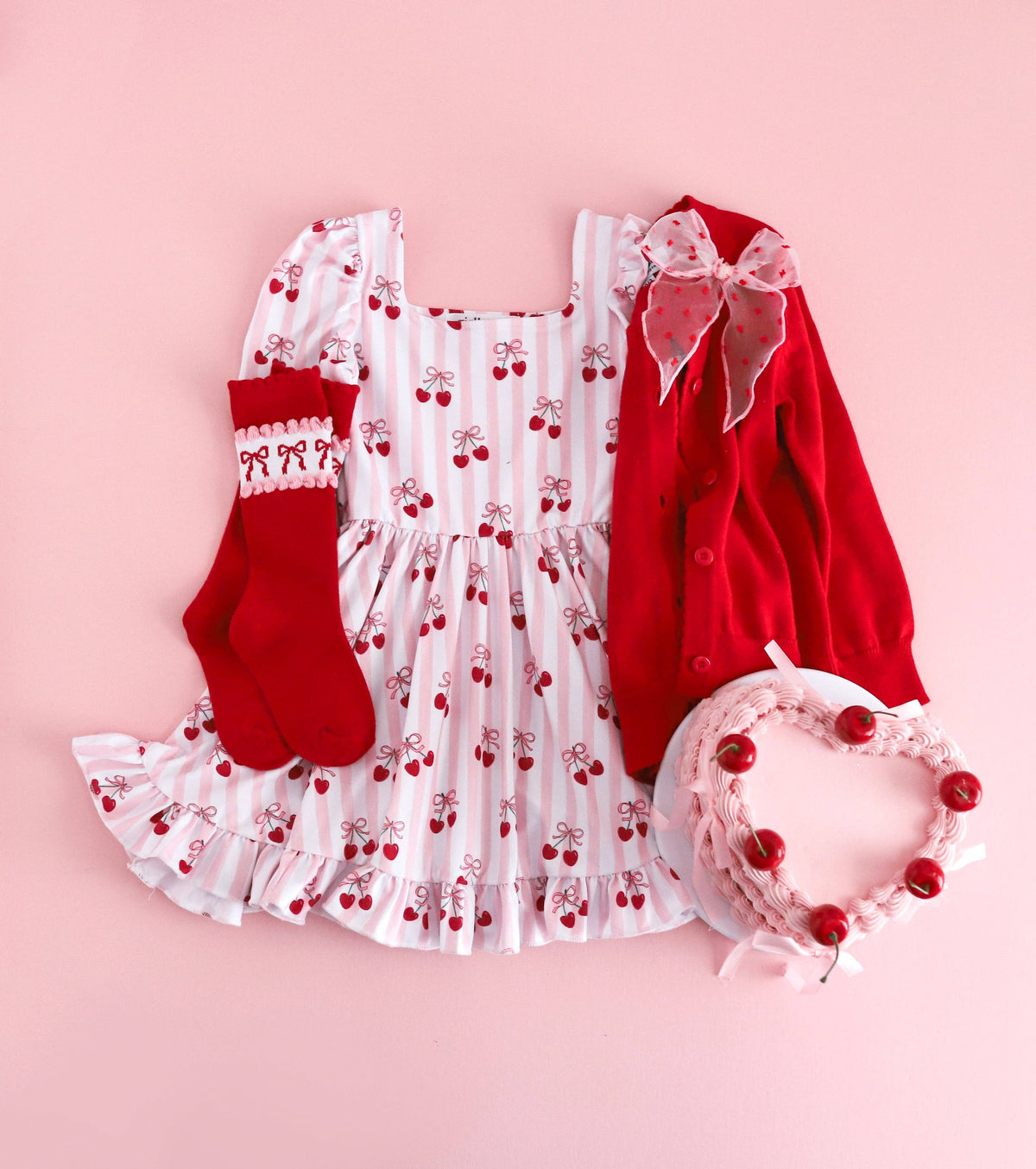 Red & Pink Bow Scalloped Knee High Socks