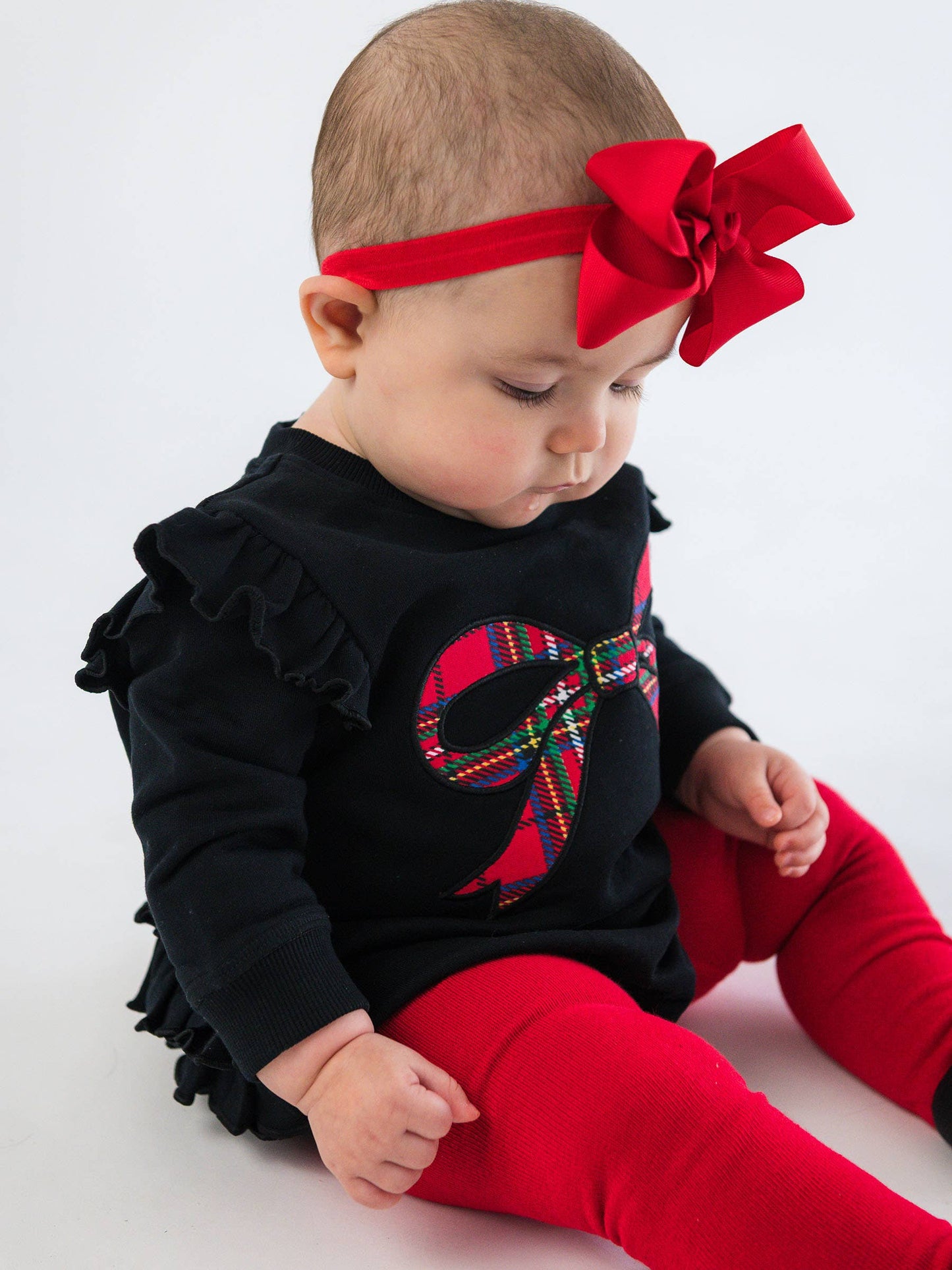 Baby Girls Nicholas Plaid Bow Black Applique Sweatshirt Bubble Romper