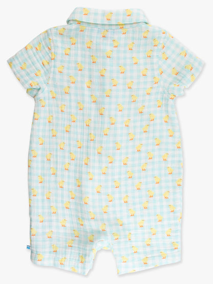 Baby Boys Chirping Chicks Gingham Cotton Gauze Button-Up Romper