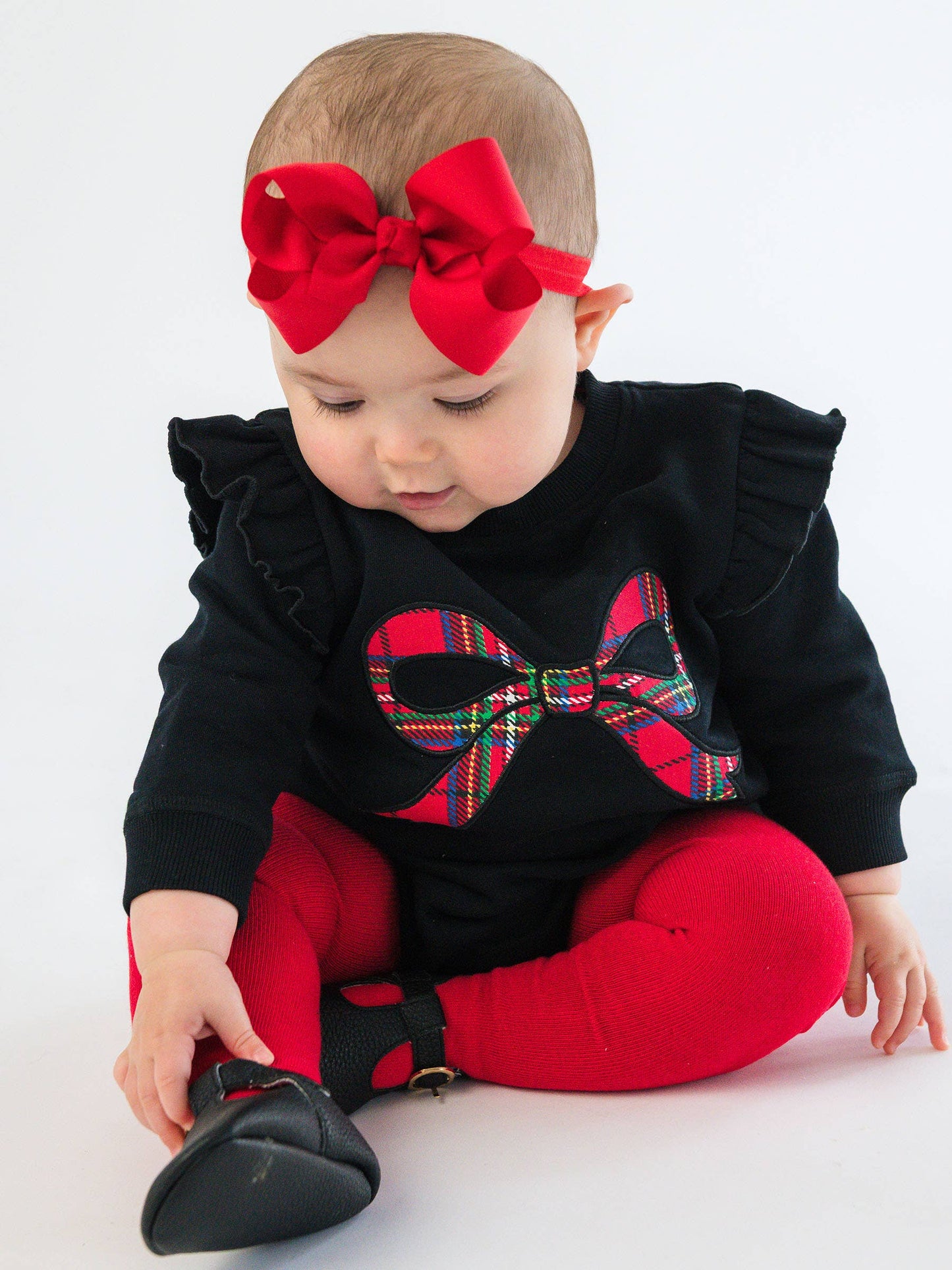 Baby Girls Nicholas Plaid Bow Black Applique Sweatshirt Bubble Romper