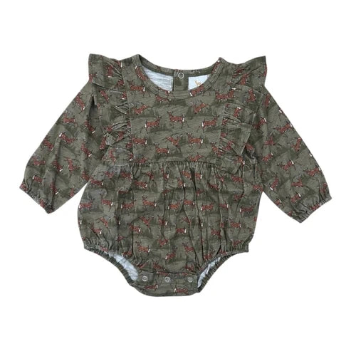Vivian Bubble Romper, Whitetail Woods, Green Deer Print