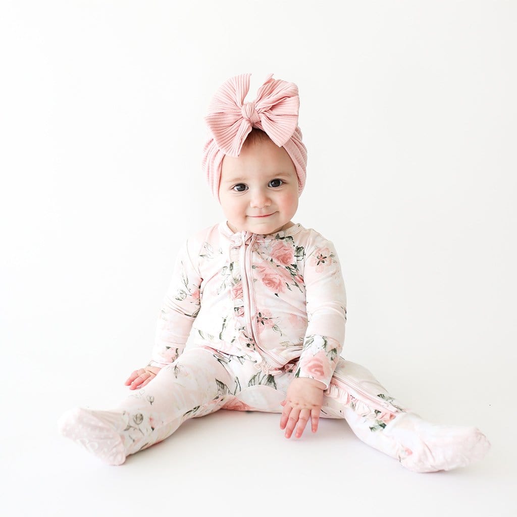 Vintage Pink Rose Footie Ruffled Zippered One Piece