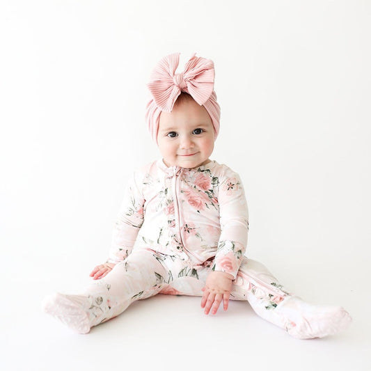 Vintage Pink Rose Footie Ruffled Zippered One Piece