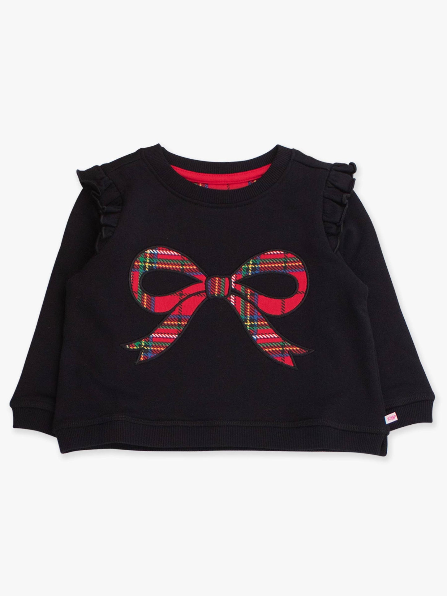 Girls Nicholas Plaid Bow Black Applique Flutter Sweatshirt