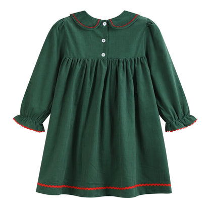 Green Corduroy Christmas Tree Ruffle Dress