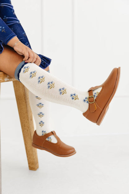 Ivory/Denim Floral Knee High Socks