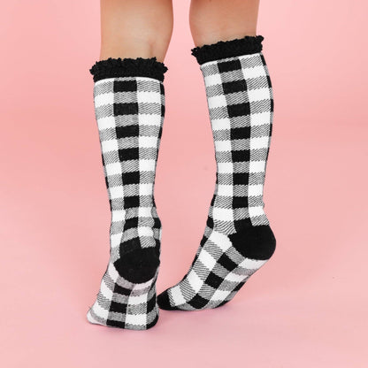 Buffalo Plaid Lace Top Knee High Socks