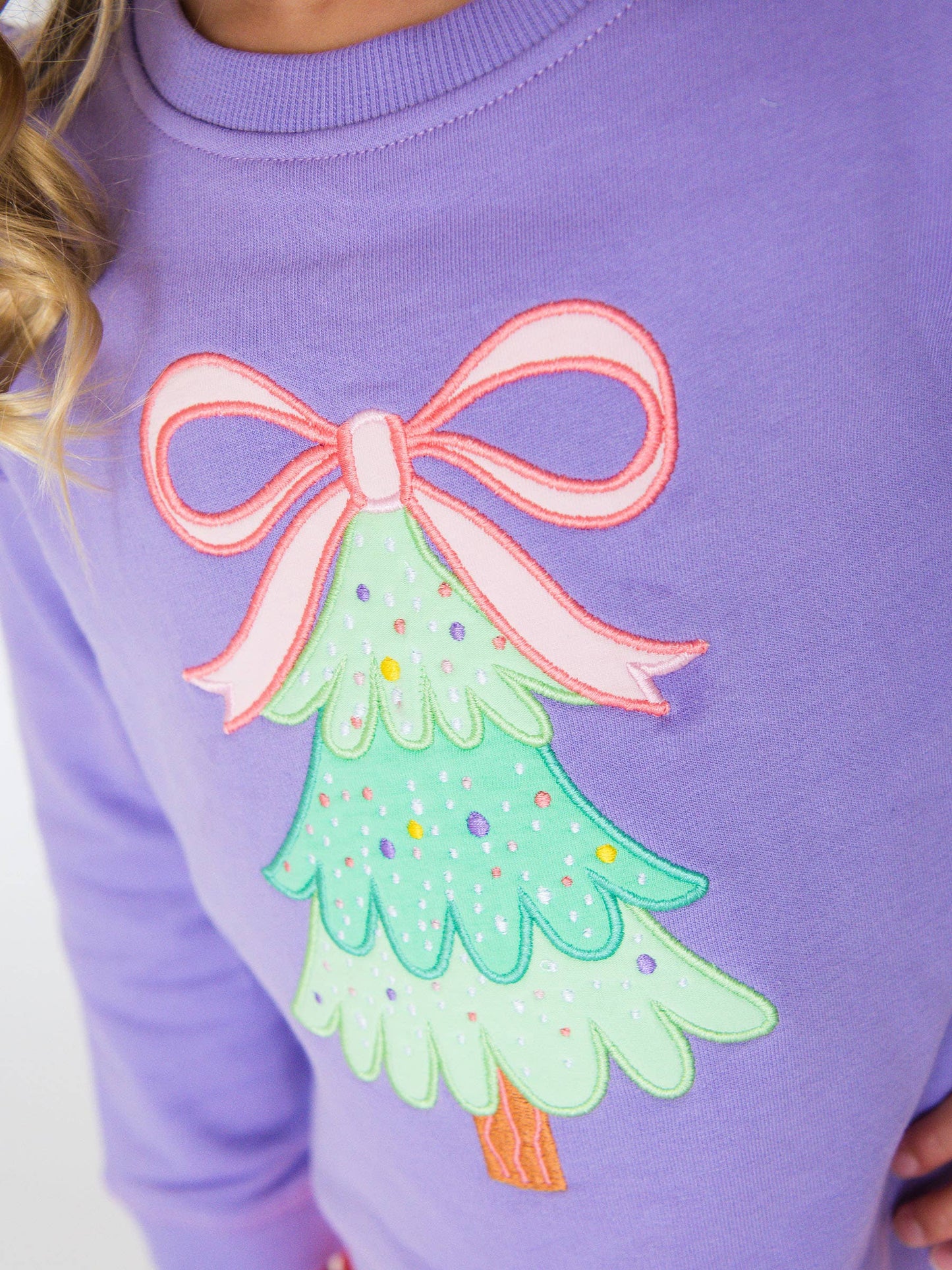 Girls Purple Twinkling Tree Bow Applique Flutter Sweatshirt