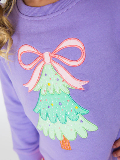 Girls Purple Twinkling Tree Bow Applique Flutter Sweatshirt