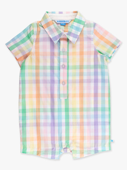 Baby Boys Poppy Rainbow Plaid Short Sleeve Woven Button-Up Romper
