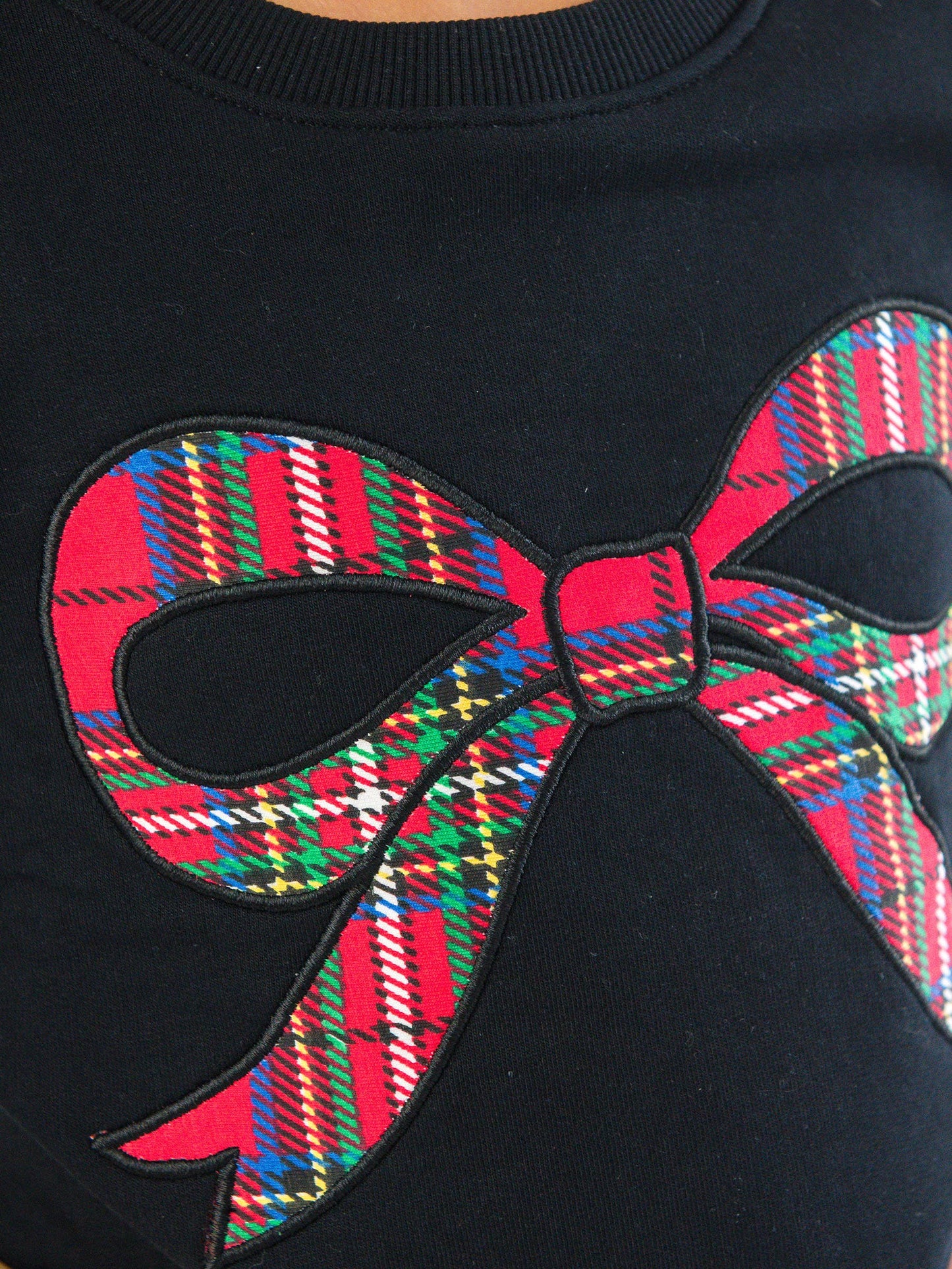 Girls Nicholas Plaid Bow Black Applique Flutter Sweatshirt