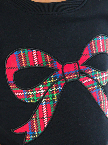 Girls Nicholas Plaid Bow Black Applique Flutter Sweatshirt