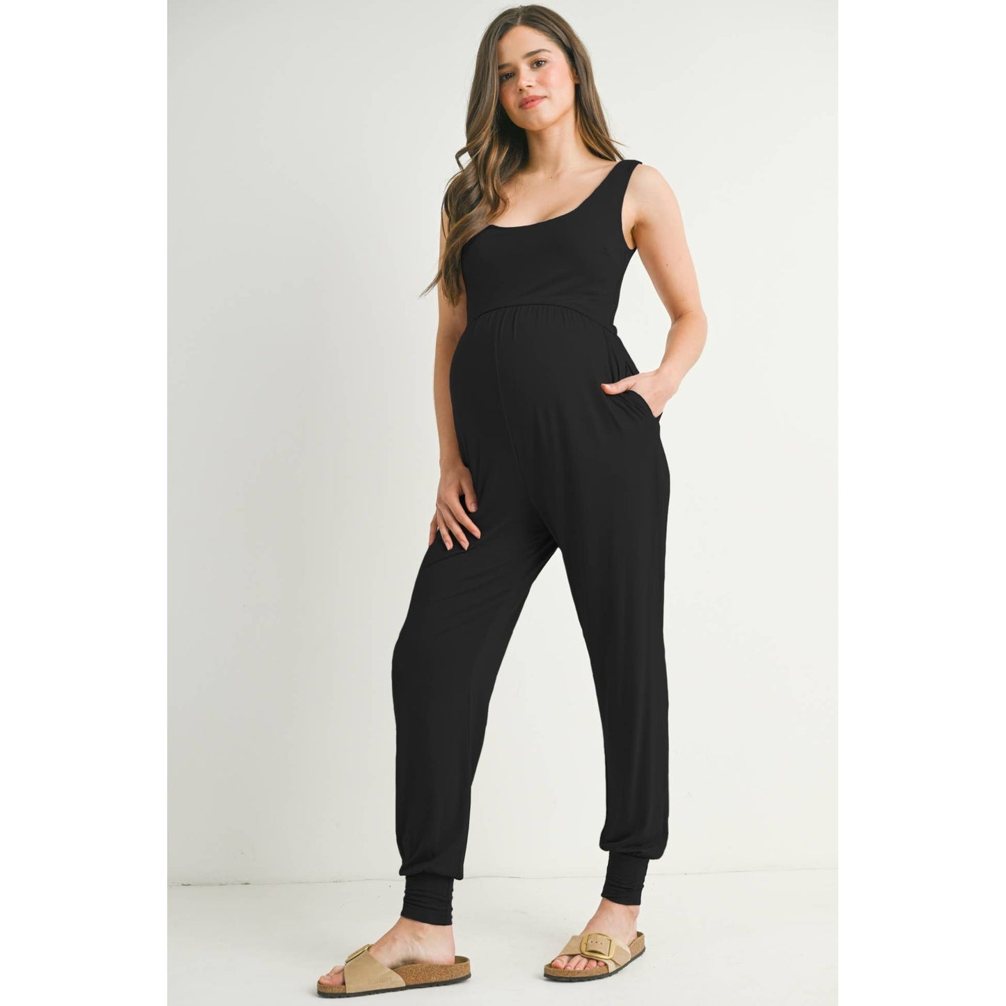 Scoop Neck Sleeveless Maternity Jogger Jumpsuit