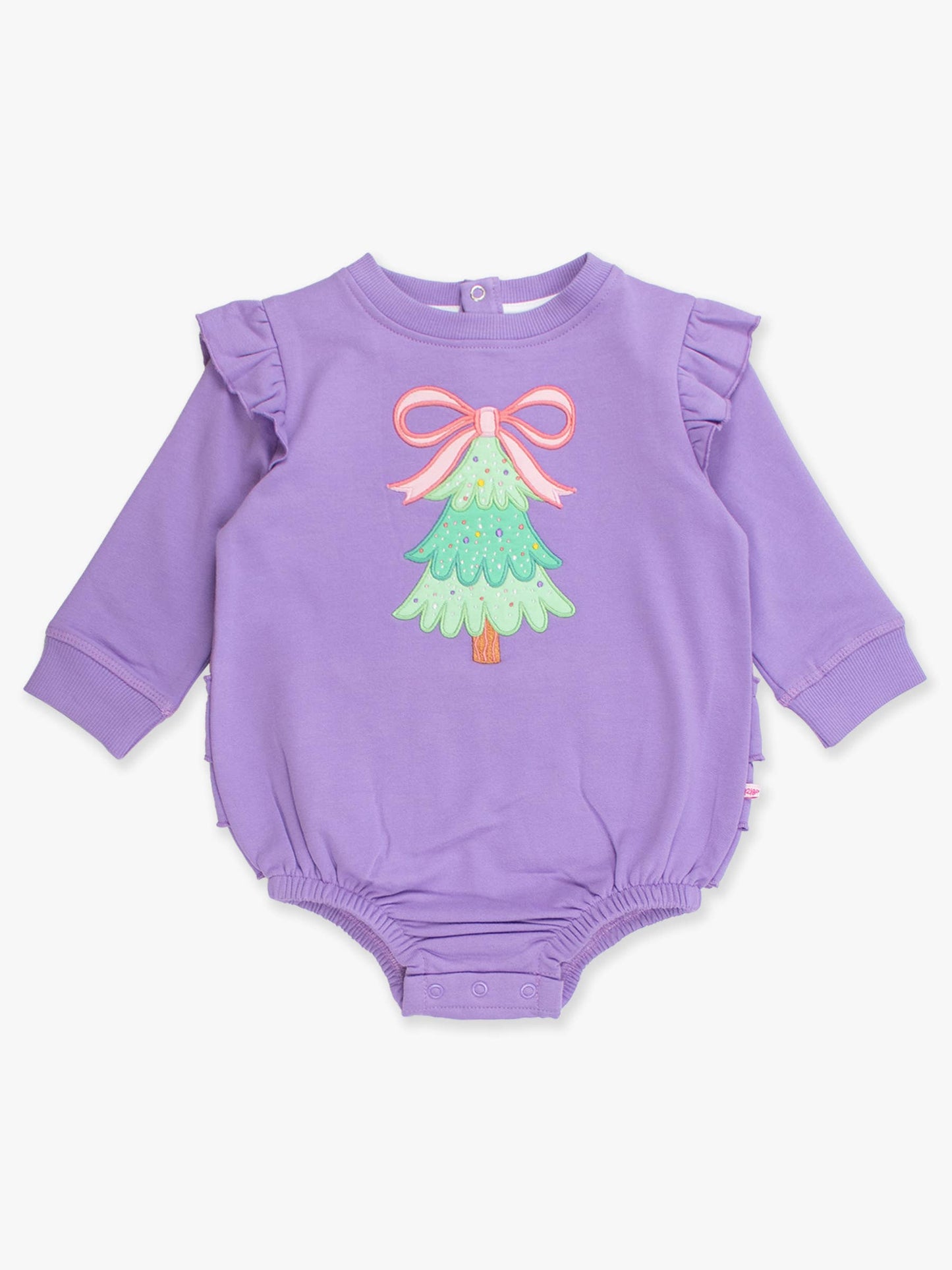 Baby Girls Purple Twinkling Tree Bow Applique Sweatshirt Bubble Romper