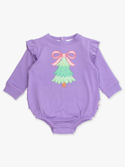 Baby Girls Purple Twinkling Tree Bow Applique Sweatshirt Bubble Romper