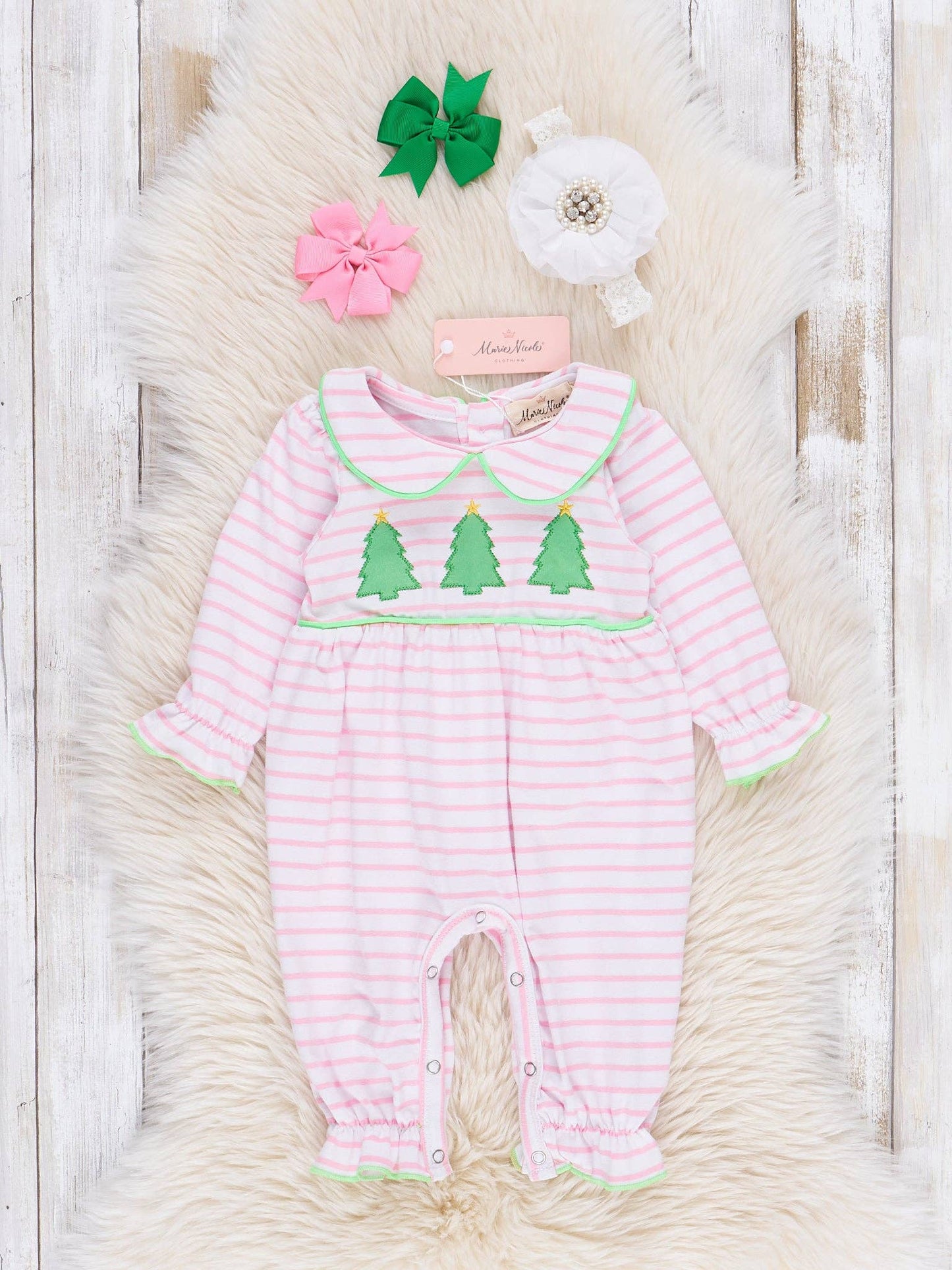 Lime & Pink Embroidered Christmas Trees Romper