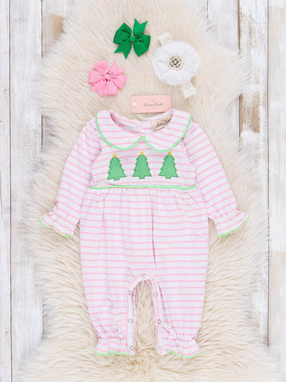 Lime & Pink Embroidered Christmas Trees Romper