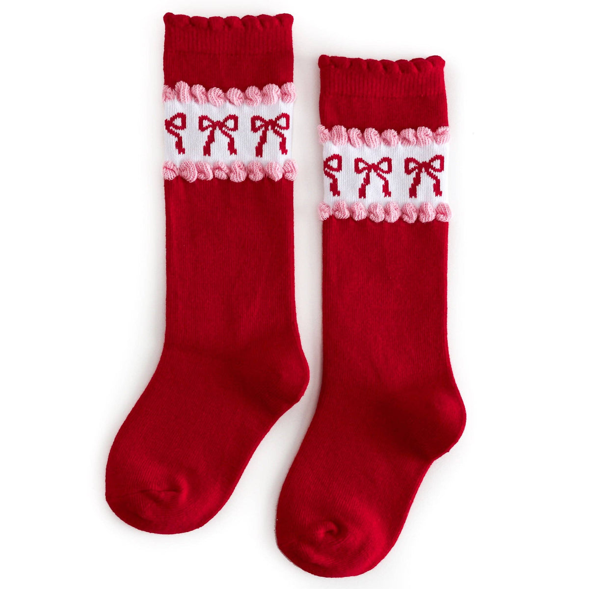 Red & Pink Bow Scalloped Knee High Socks