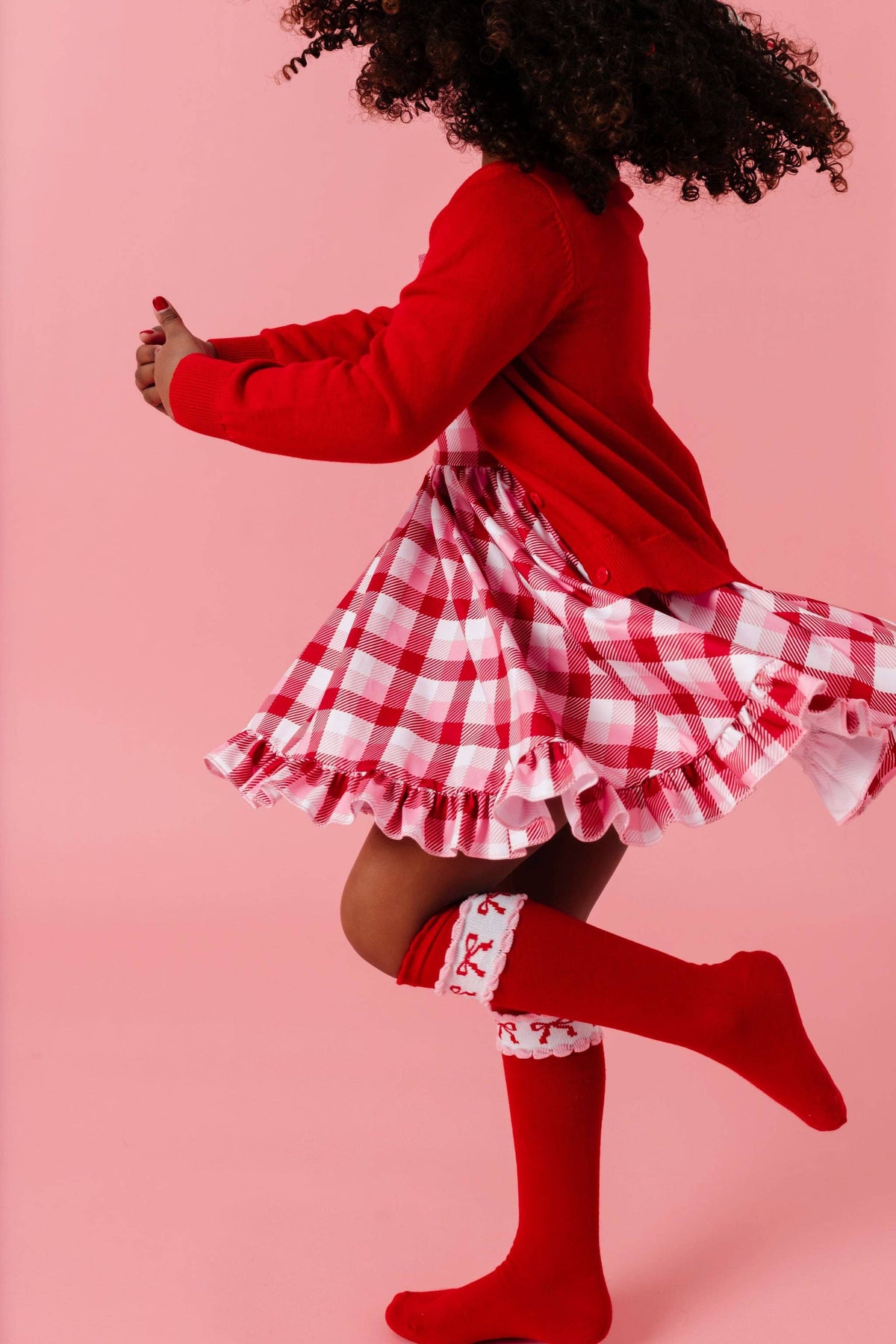 Red & Pink Bow Scalloped Knee High Socks
