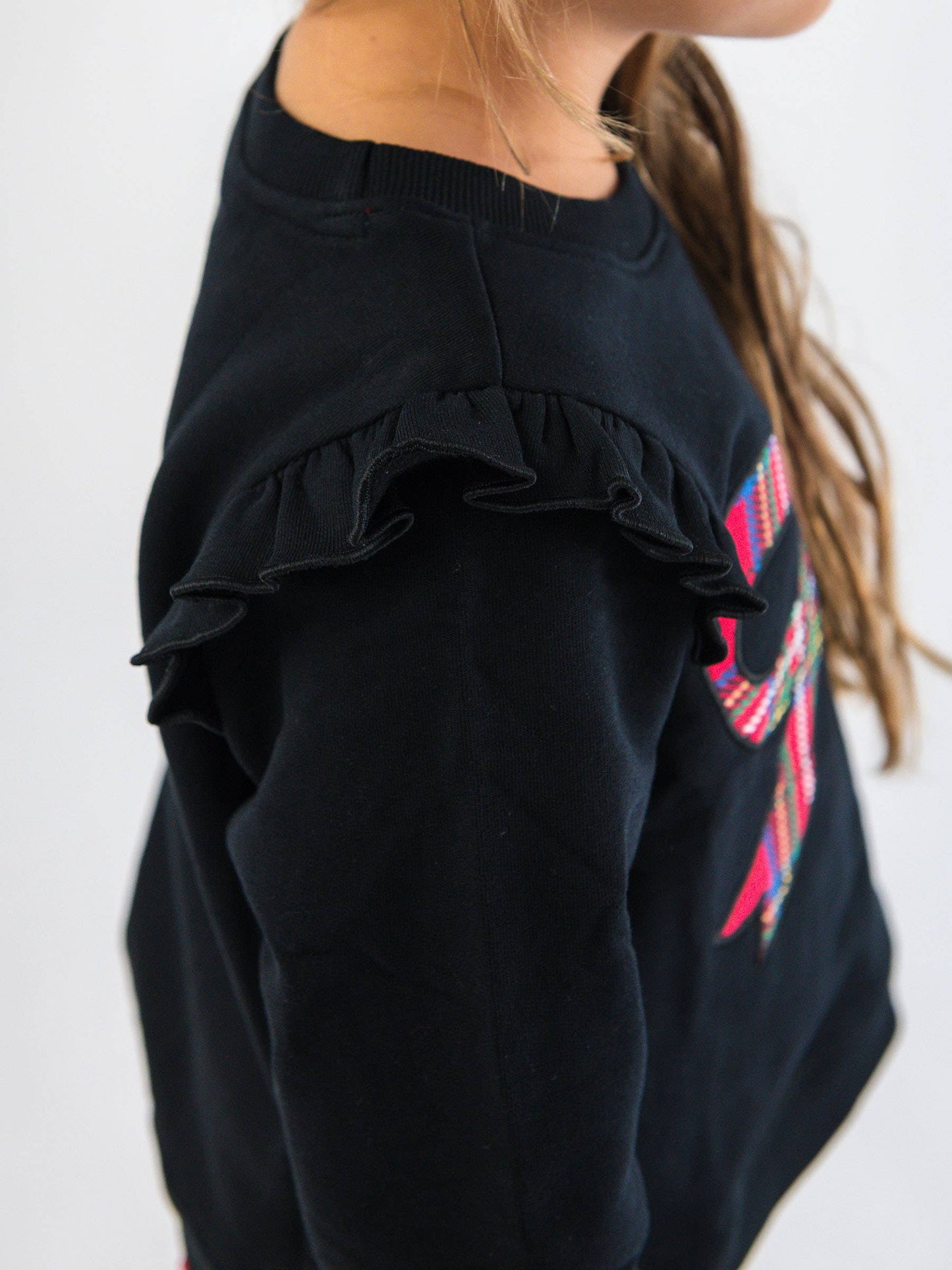 Girls Nicholas Plaid Bow Black Applique Flutter Sweatshirt