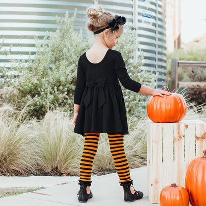 Girls Orange & Black Stripe Patterned Footless Ruffle Tights