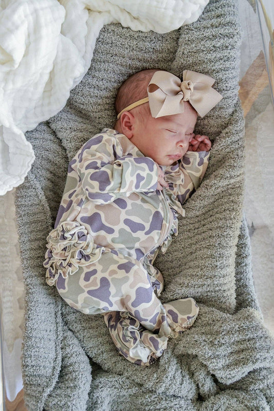 Ruffle Bamboo Zipper Footie | Camo Cutie