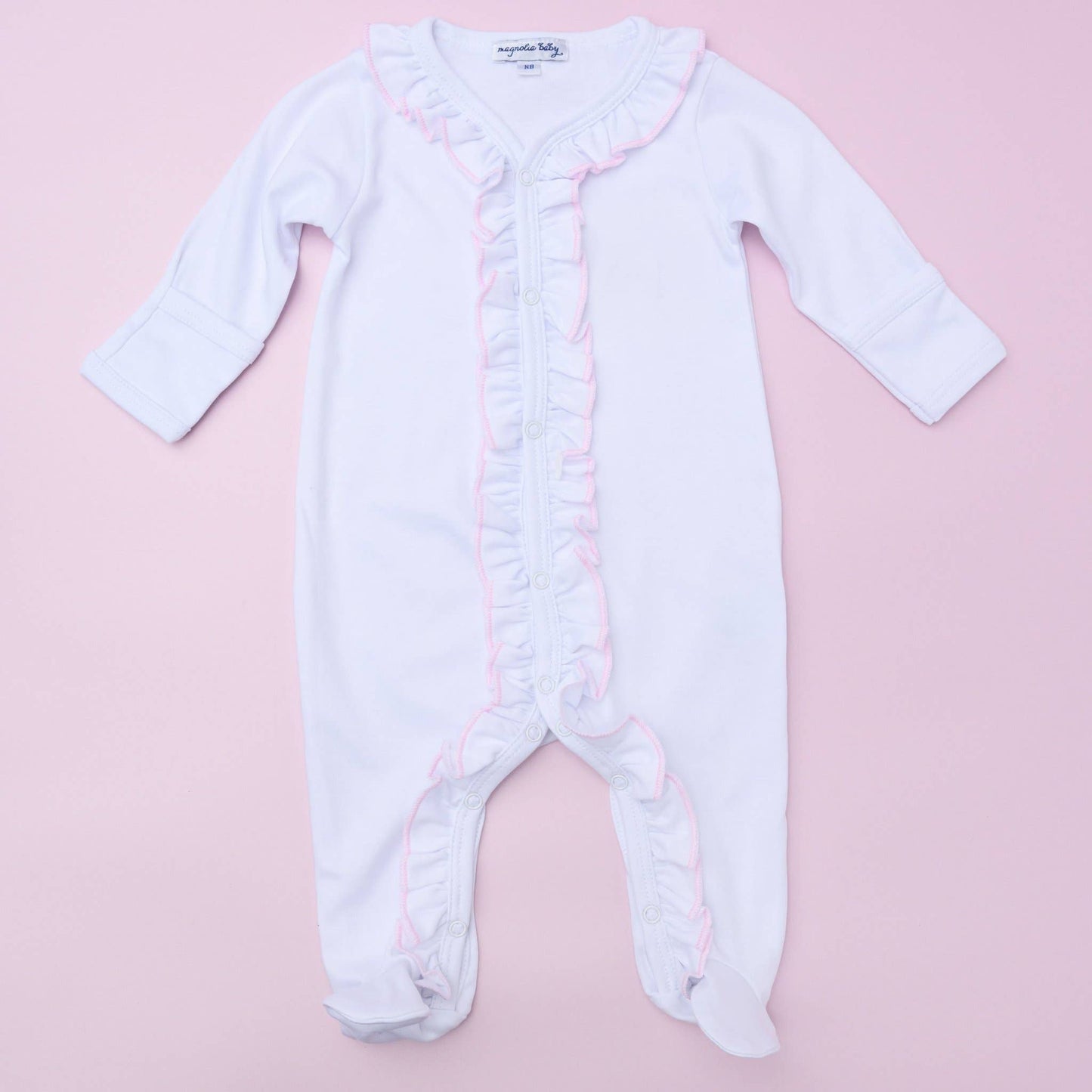 Essentials White Ruffle Footie with Pink Trim
