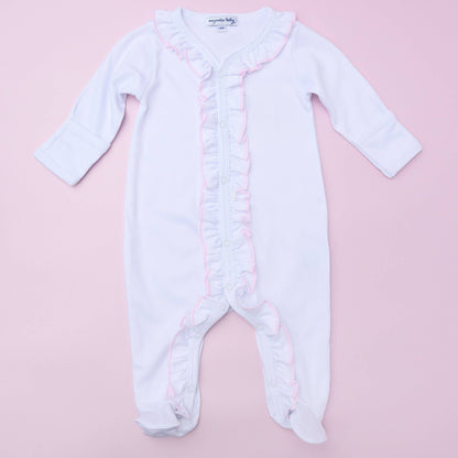 Essentials White Ruffle Footie with Pink Trim