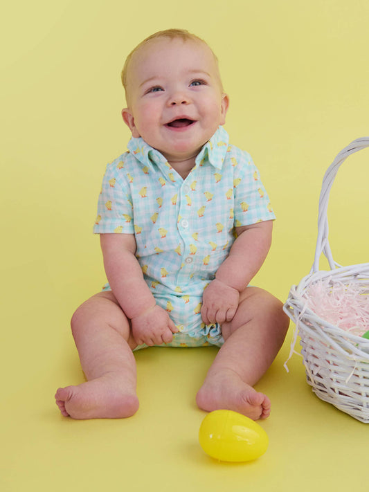Baby Boys Chirping Chicks Gingham Cotton Gauze Button-Up Romper