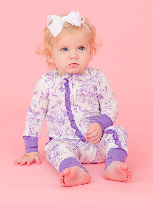 Purple Butterfly Garden Toile Convertible Ruffle Pajama
