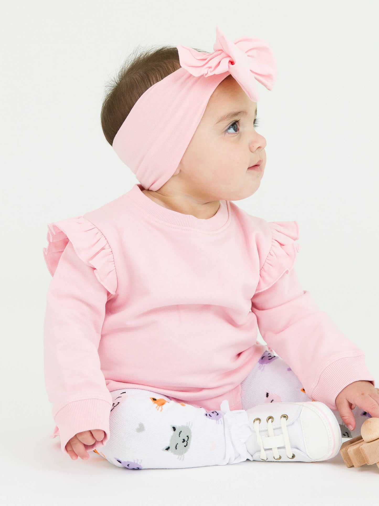 Baby Girls Pink Sweatshirt Bubble Romper with Signature Rear Ruffles