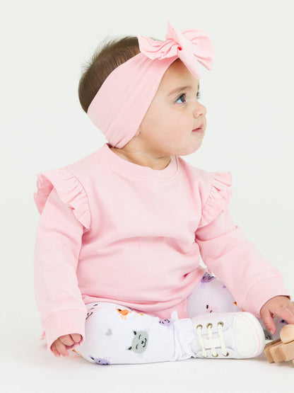 Baby Girls Pink Sweatshirt Bubble Romper with Signature Rear Ruffles