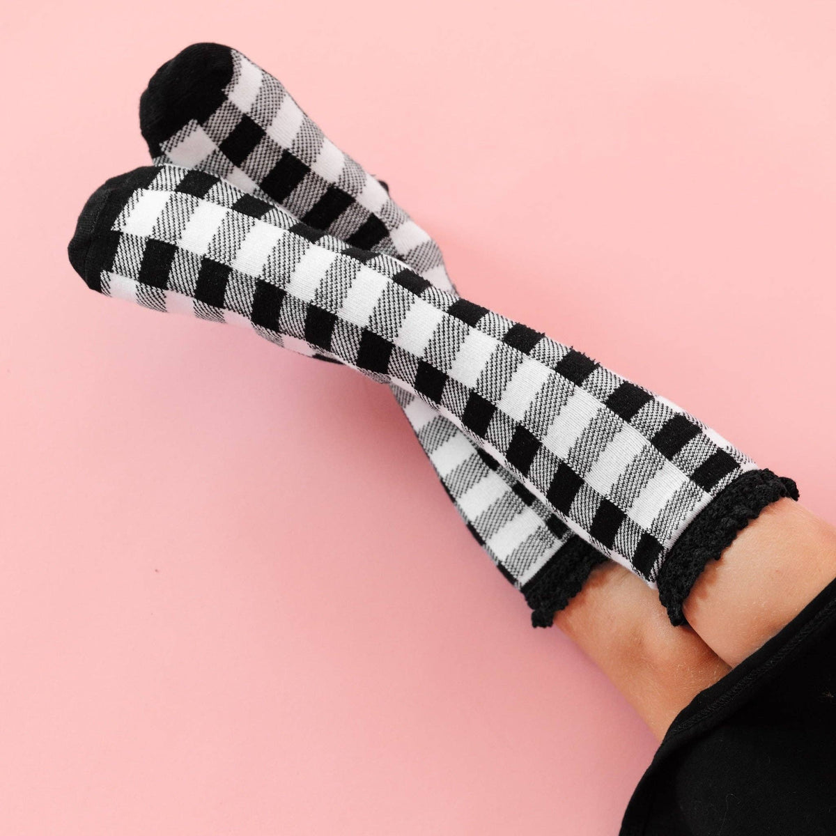 Buffalo Plaid Lace Top Knee High Socks