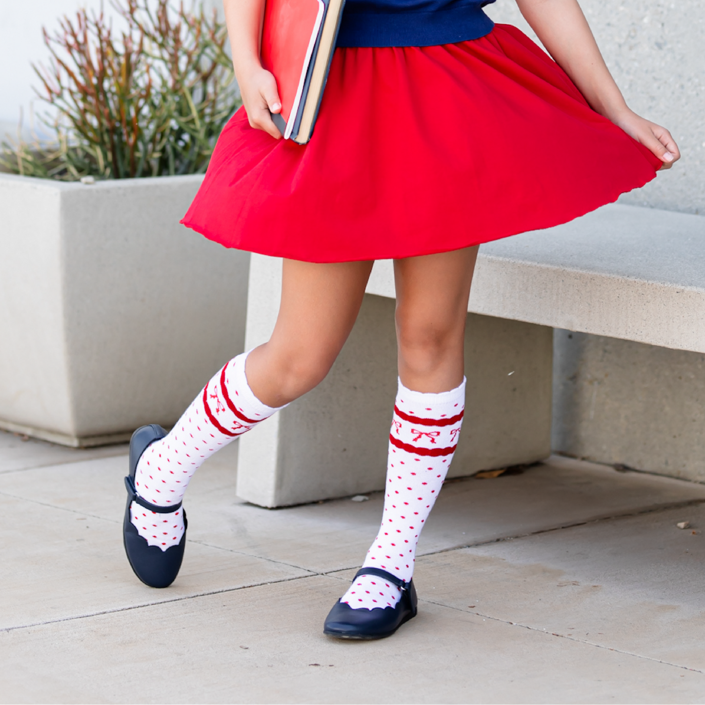 Red Bow Scalloped Knee Socks