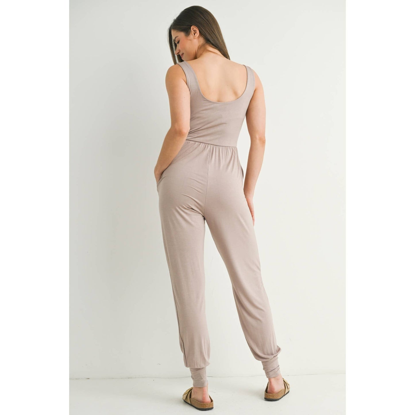Scoop Neck Sleeveless Maternity Jogger Jumpsuit