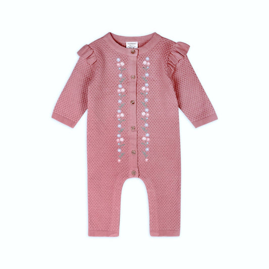 Floral Embroidered Sweater Knit Baby Ruffle Jumpsuit-Organic