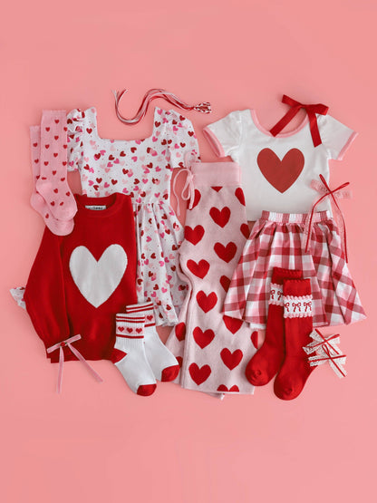 Red & Pink Bow Scalloped Knee High Socks