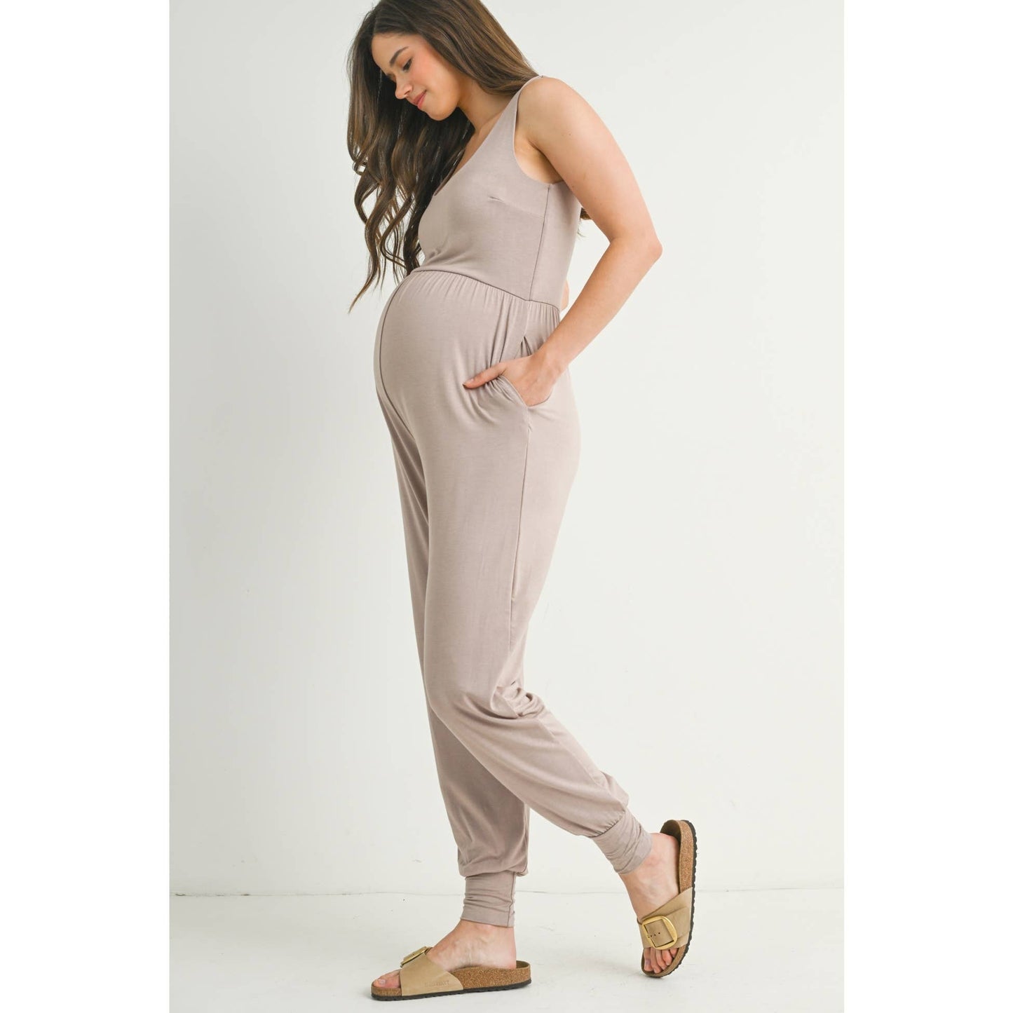 Scoop Neck Sleeveless Maternity Jogger Jumpsuit