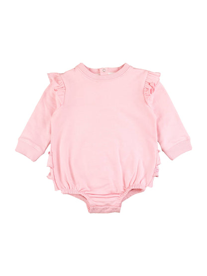 Baby Girls Pink Sweatshirt Bubble Romper with Signature Rear Ruffles