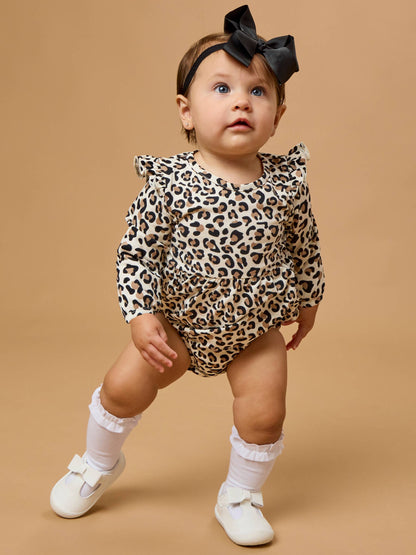 Baby Girls Classic Leopard Knit Long Sleeve Flutter Bubble Romper