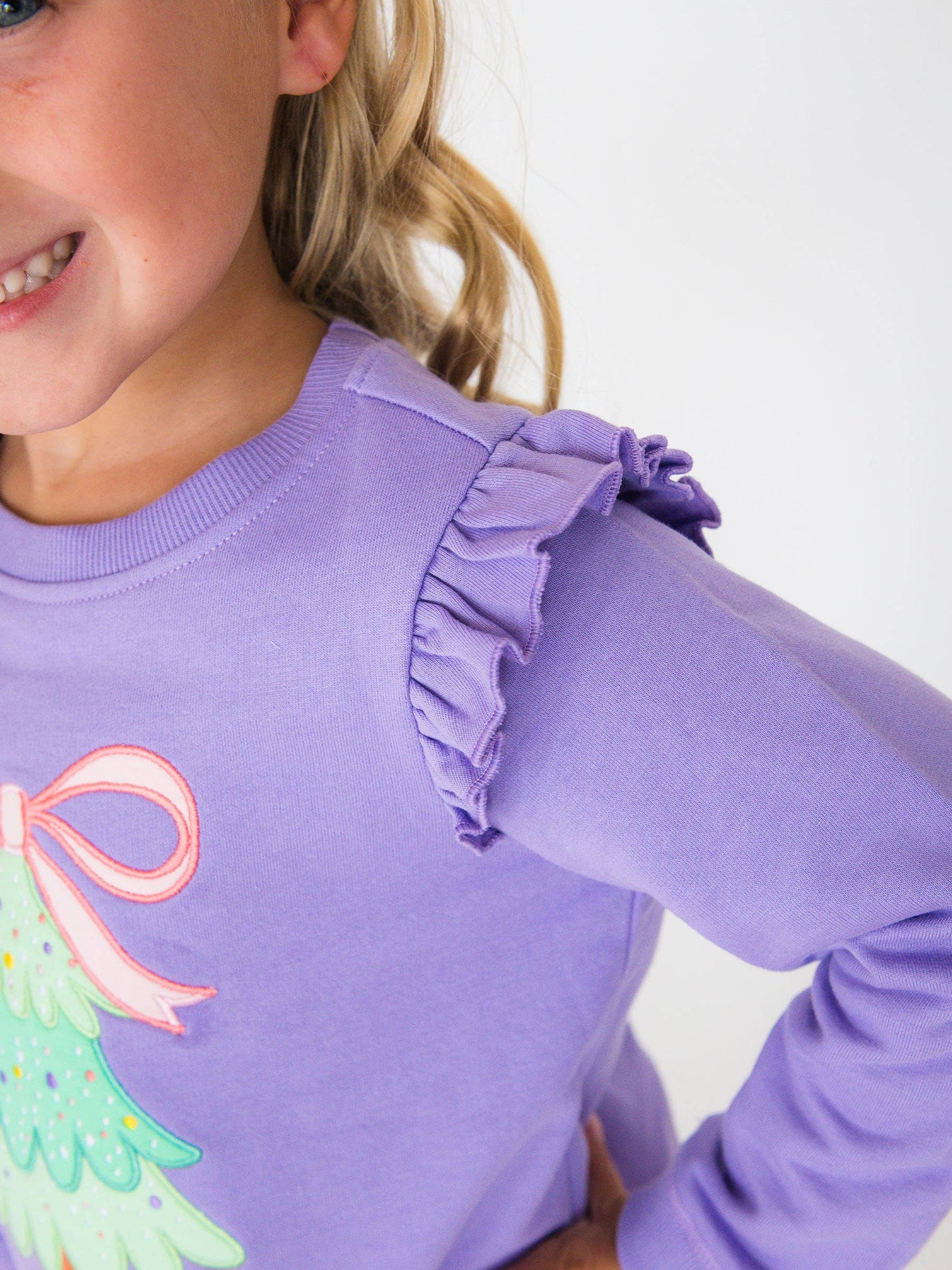 Girls Purple Twinkling Tree Bow Applique Flutter Sweatshirt