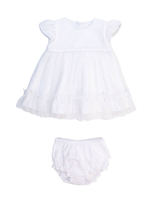 Baby Girls White Dotted Tulle Dress & RuffleButt Set