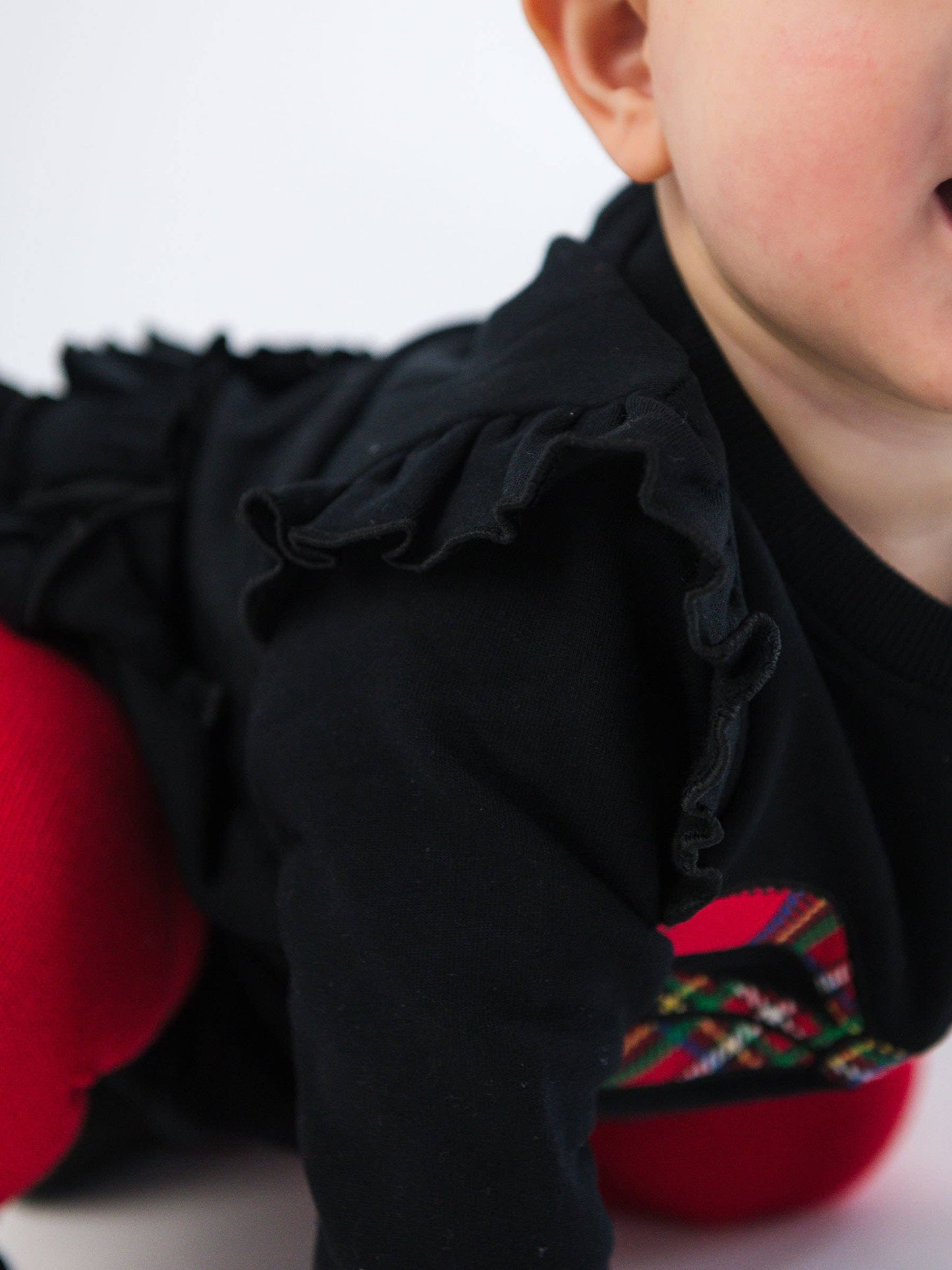 Baby Girls Nicholas Plaid Bow Black Applique Sweatshirt Bubble Romper