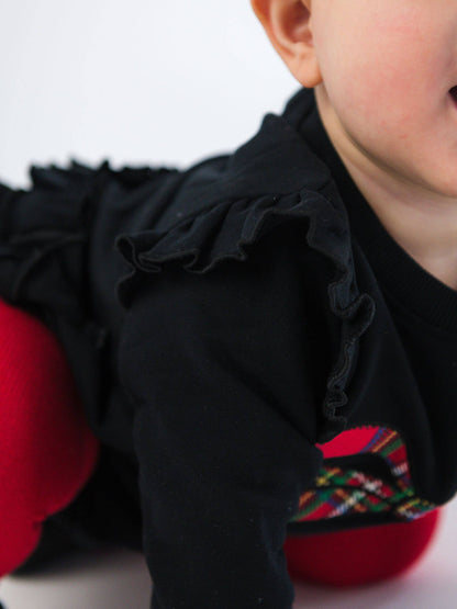 Baby Girls Nicholas Plaid Bow Black Applique Sweatshirt Bubble Romper